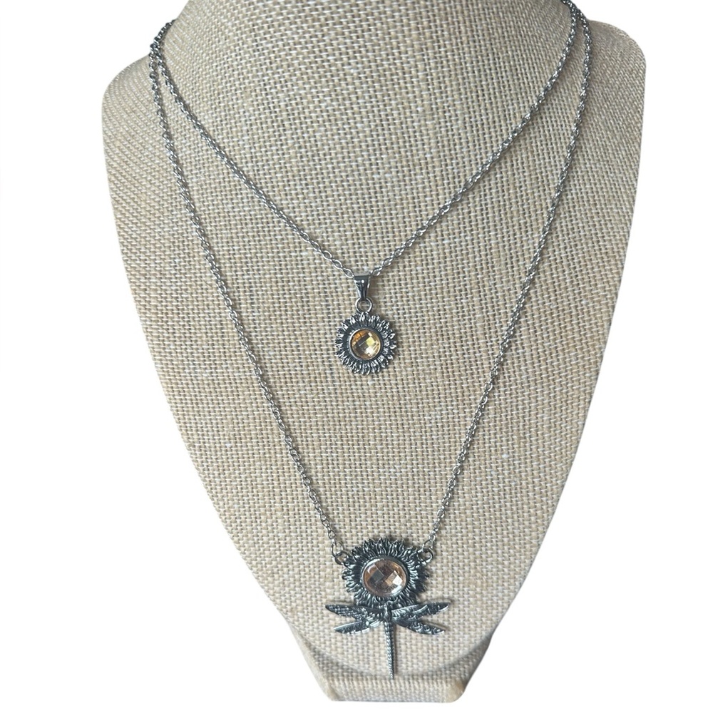 Boho Double Chain Sunflowers and Dragonfly Silver Necklace